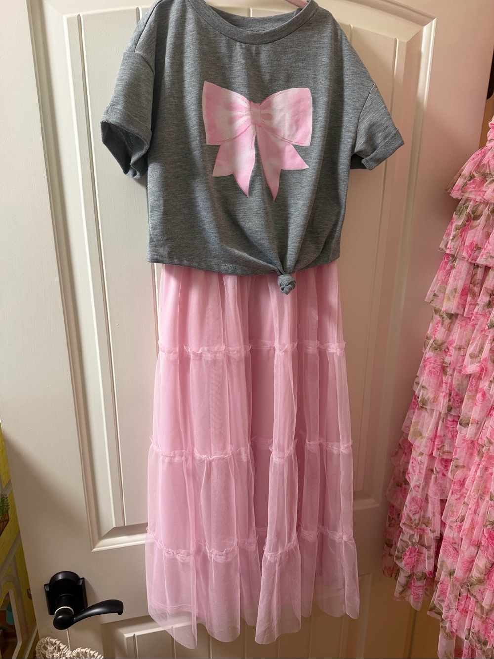 Gray Tee with Pink Bow & Pink Tulle Maxi Skirt